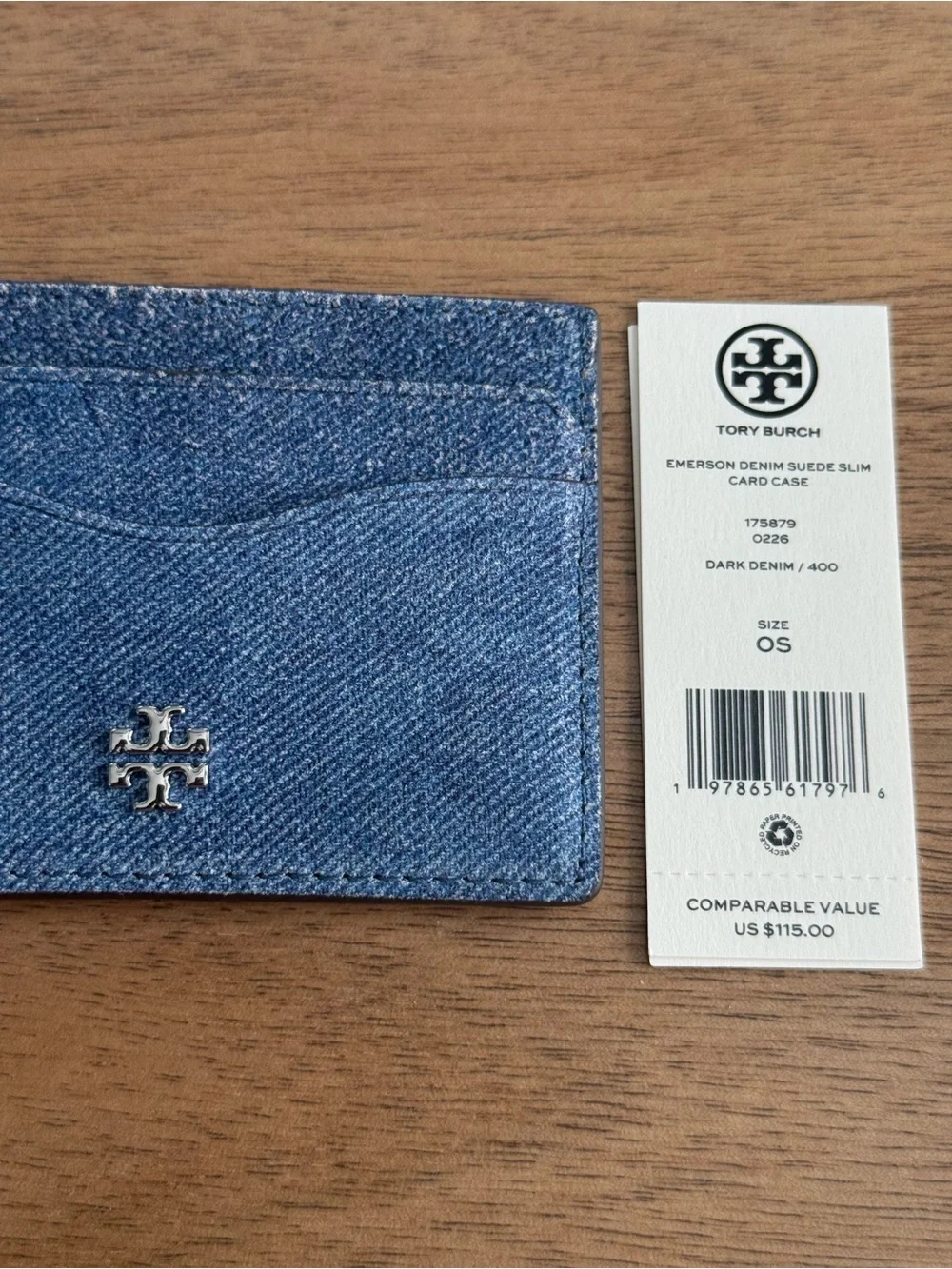Tory Burch Dark Denim Slim Card Case with Silver Logo